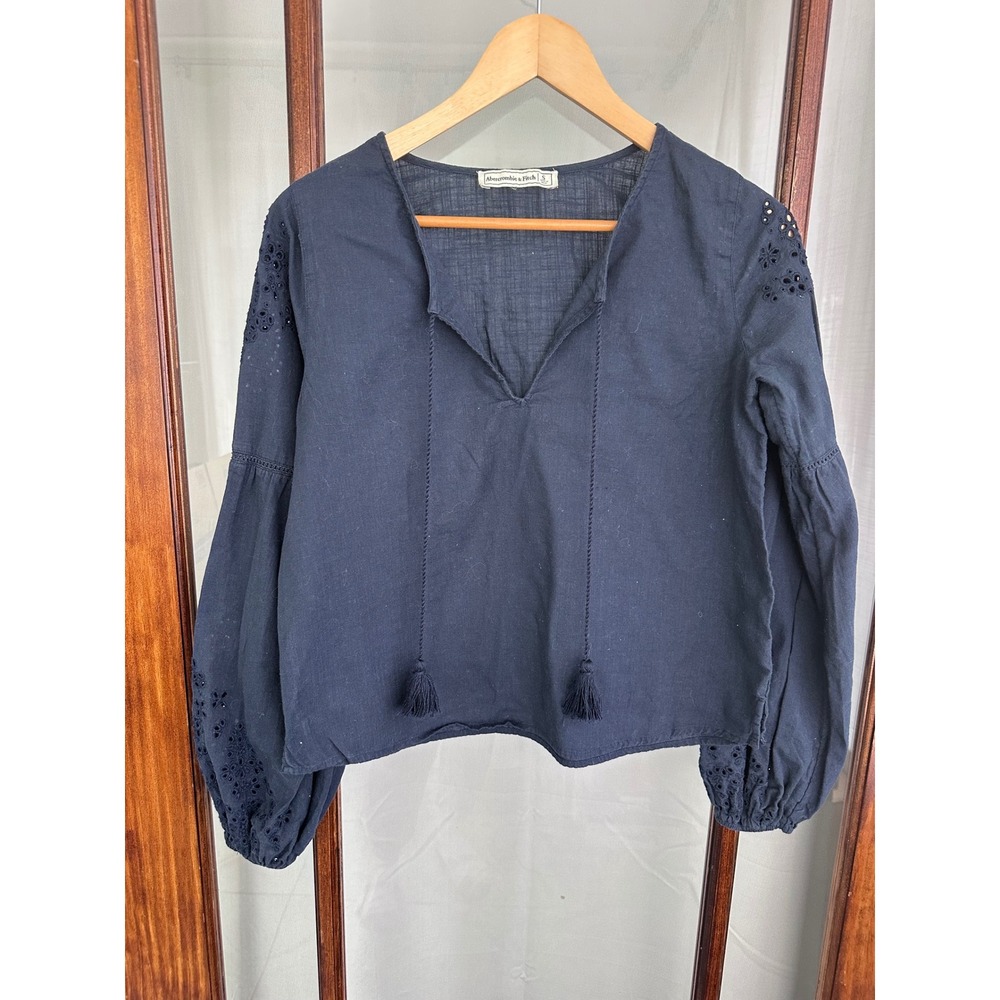 Abercrombie & Fitch Navy Blue Eyelet Balloon Sleeve Tassel Tie Cotton Blouse S